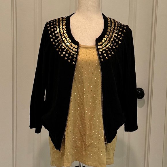 Black Cardigan Sweater (Michael Kors) Sleeveless tee (Ann Taylor) Sequins - Picture 1 of 13